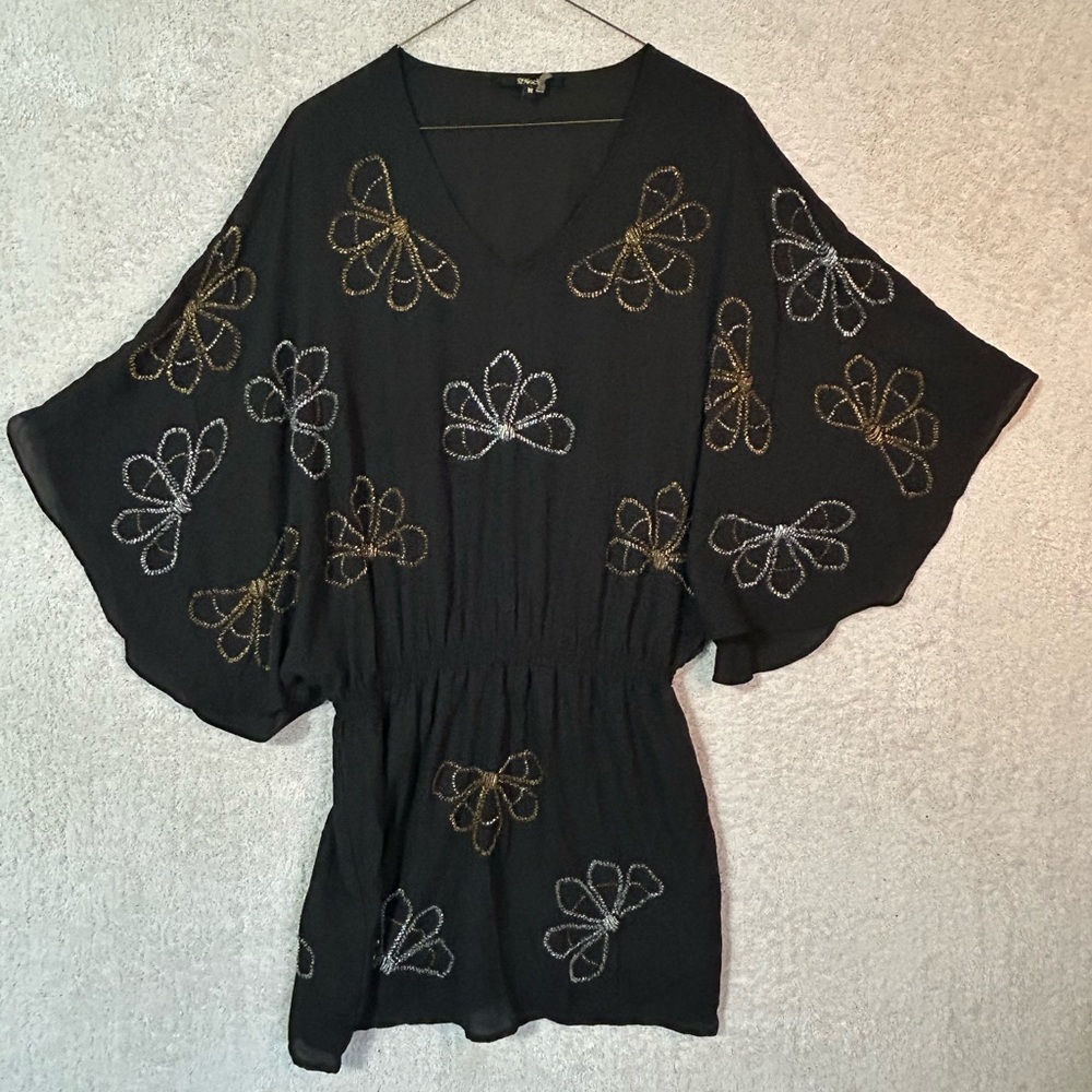 Beaded Bat Wing  Blouse V-Neck Elastic Waist Peplum Art Deco M